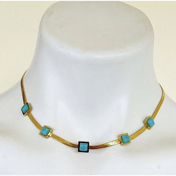 18K Gold Plated turquoise Herringbone necklace Snake Womens Jewelry - Picture 2 of 10
